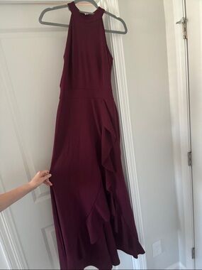 Sleeveless Burgundy Ruffle-Detail Maxi Dress